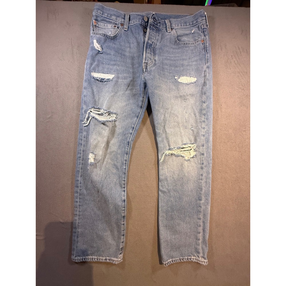 Levis Premium 501 Original Fit Jeans Mens 34x30 Light Wash Distressed Button Fly